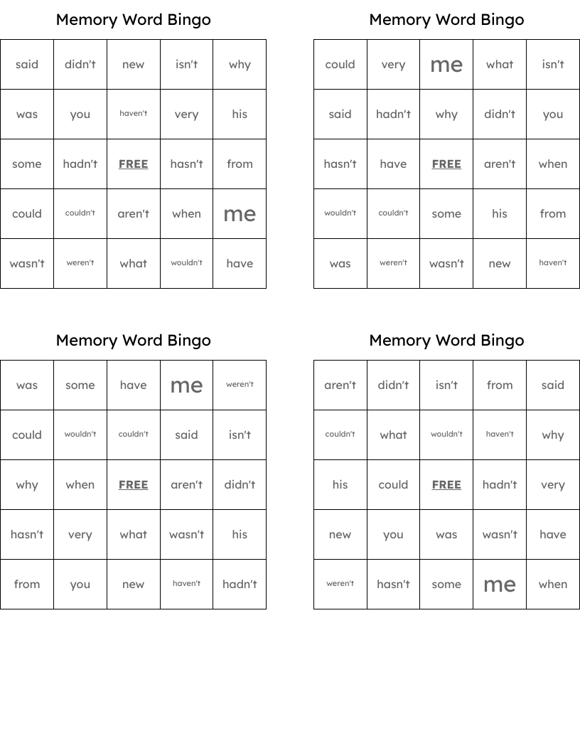Memory Word Bingo