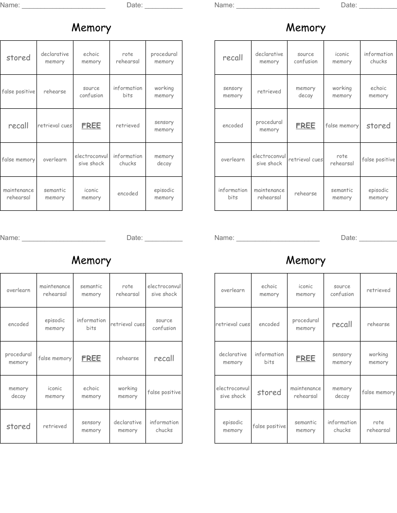 Memory  Bingo Cards
