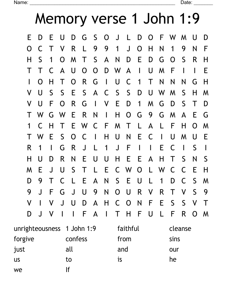 Memory verse 1 John 1:9 Word Search