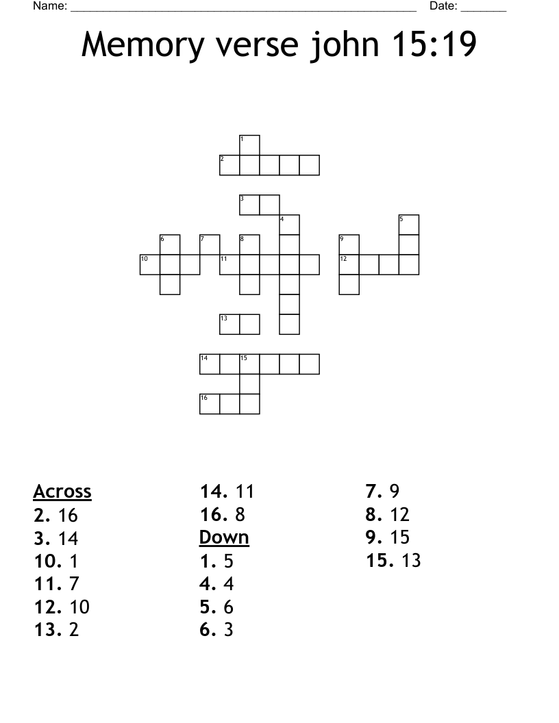 Memory verse john 15:19 Crossword