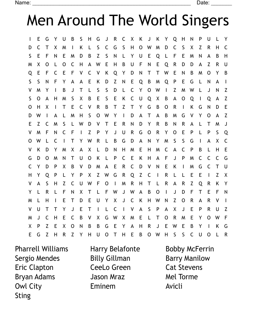 Men Around The World Singers Word Search