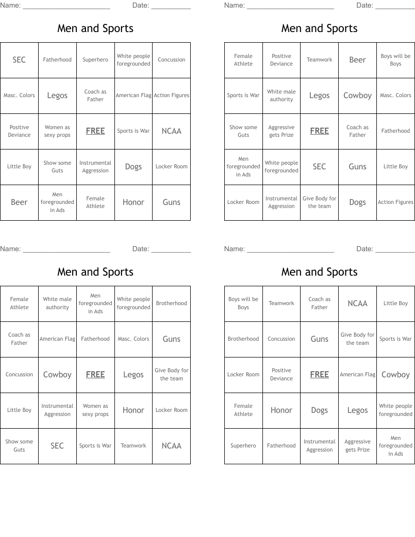 Men and Sports Bingo Cards