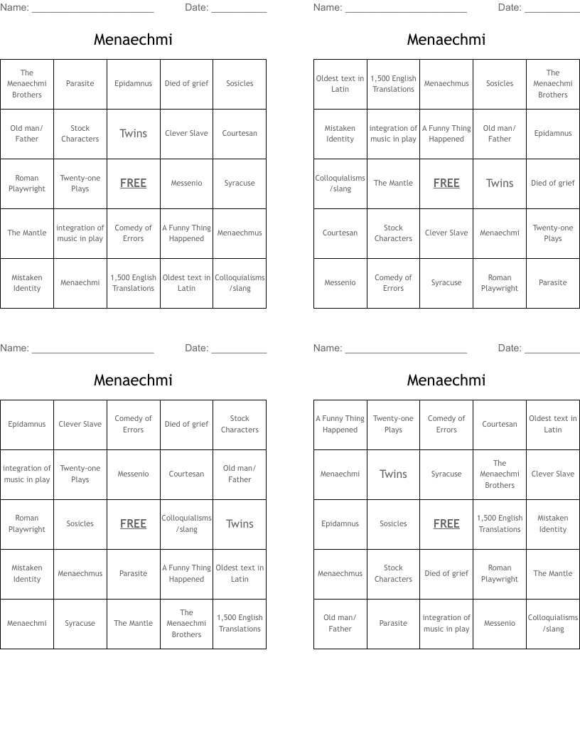 Menaechmi  Bingo Cards
