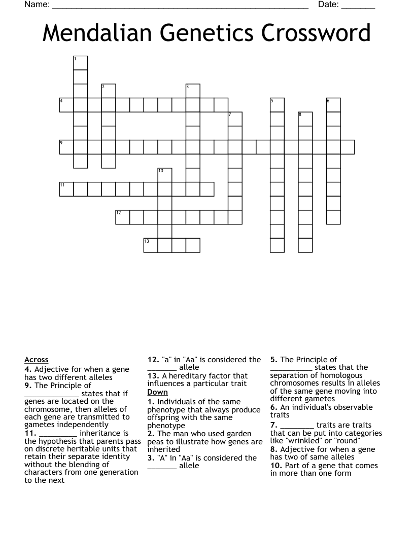 Mendalian Genetics Crossword