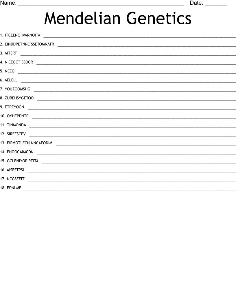Mendelian Genetics Word Scramble