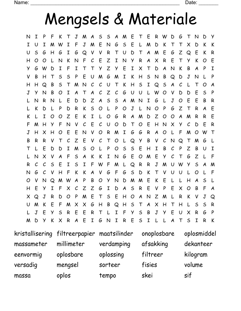 Mengsels & Materiale Word Search