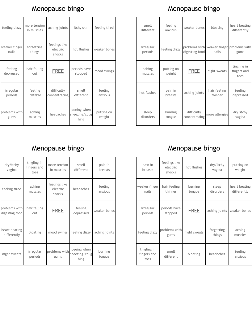 Menopause bingo