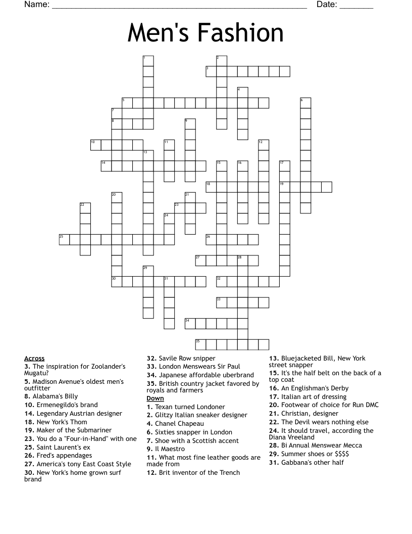Men's Fashion  Crossword