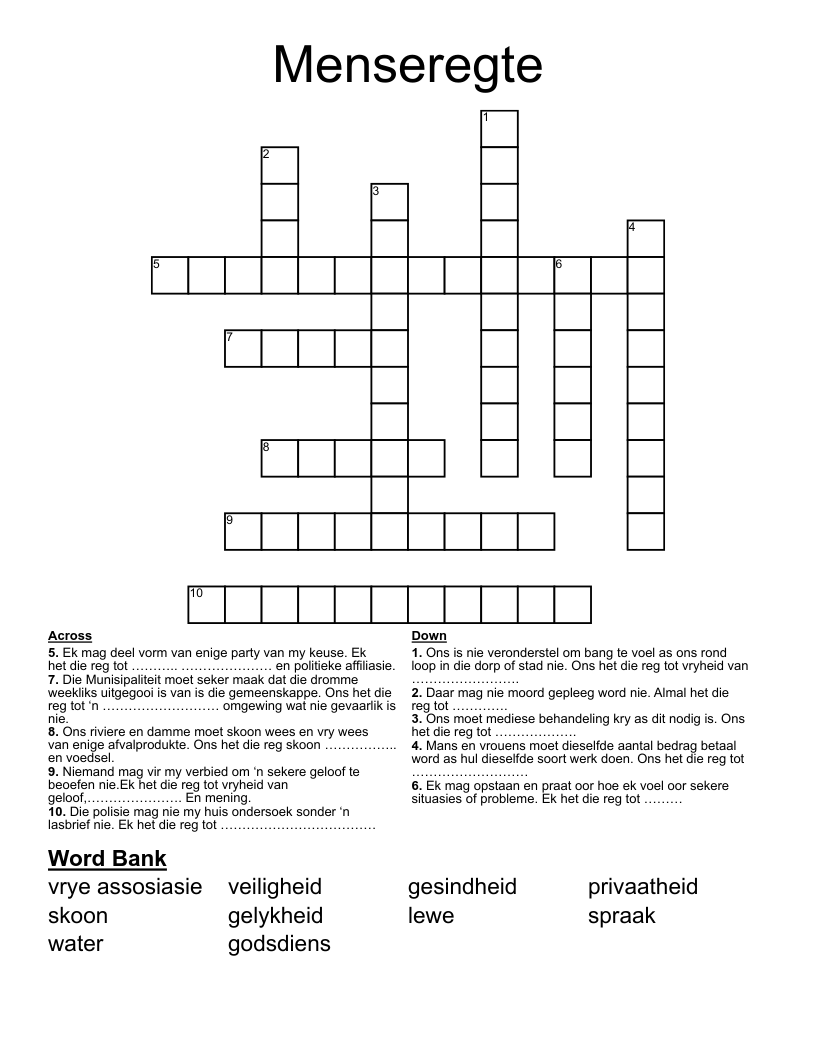 Menseregte Crossword