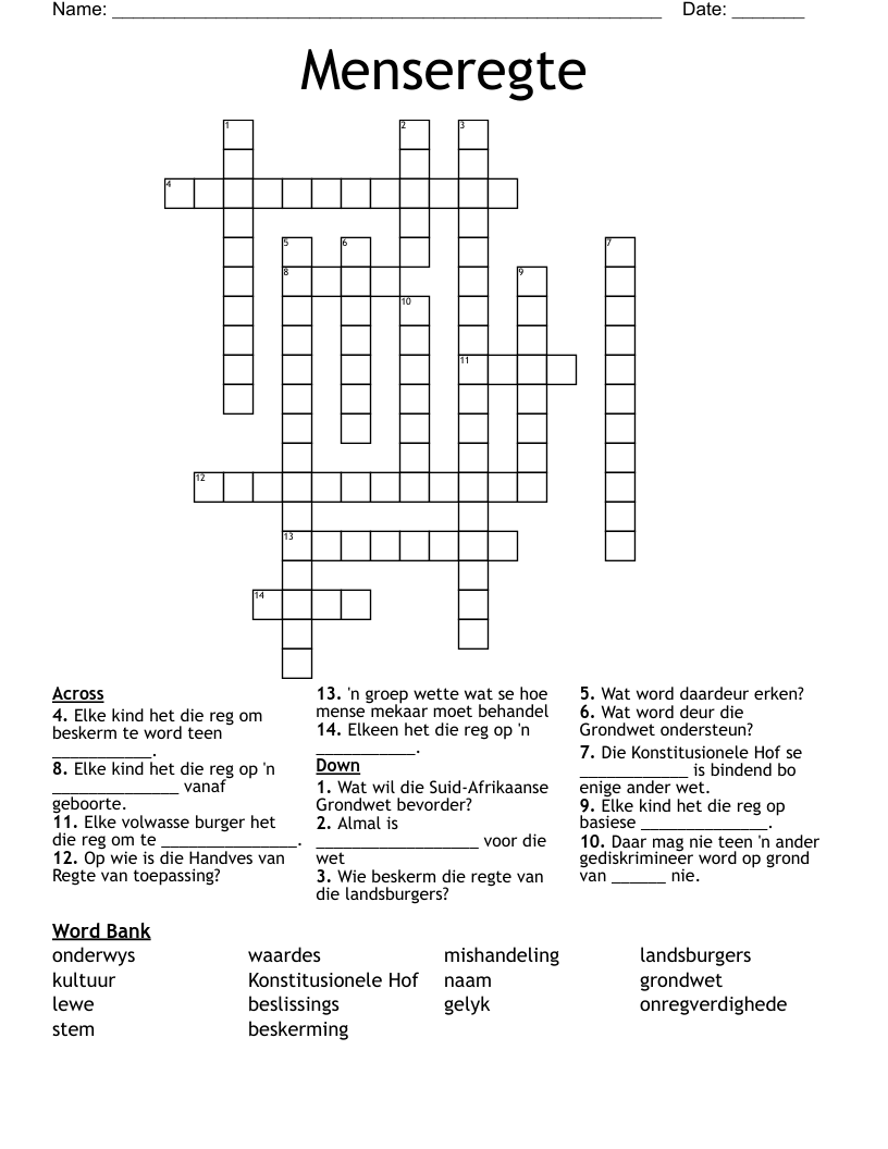 Menseregte Crossword