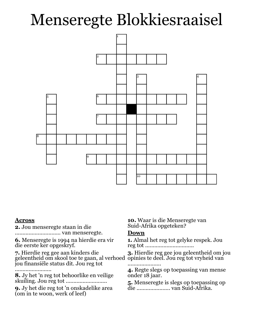 Menseregte Blokkiesraaisel Crossword