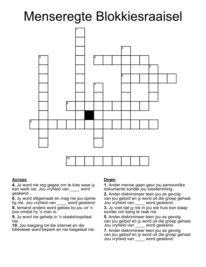Menseregte Blokkiesraaisel Crossword