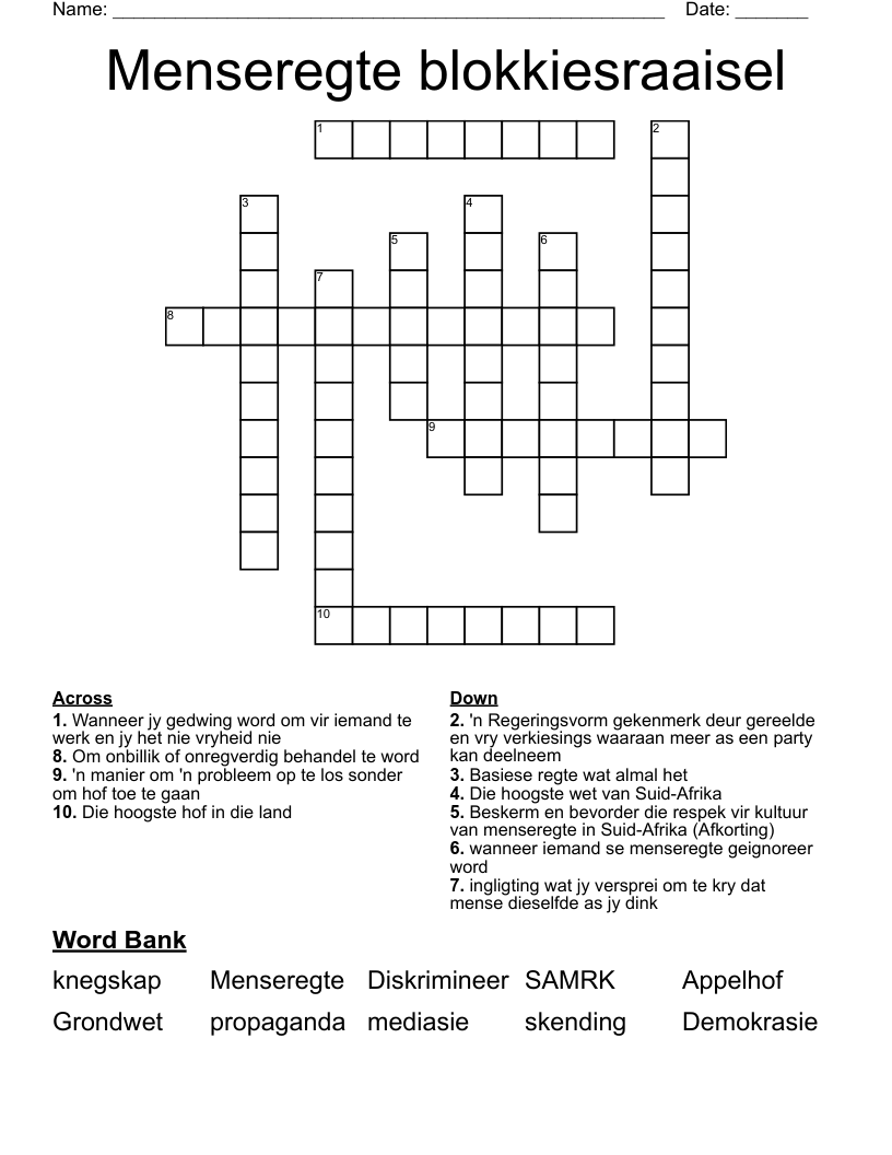 Menseregte blokkiesraaisel Crossword