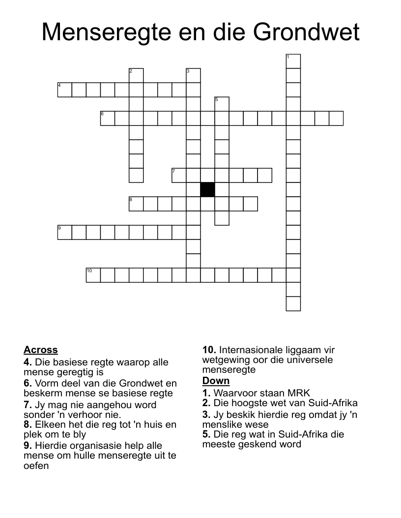 Menseregte en die Grondwet Crossword