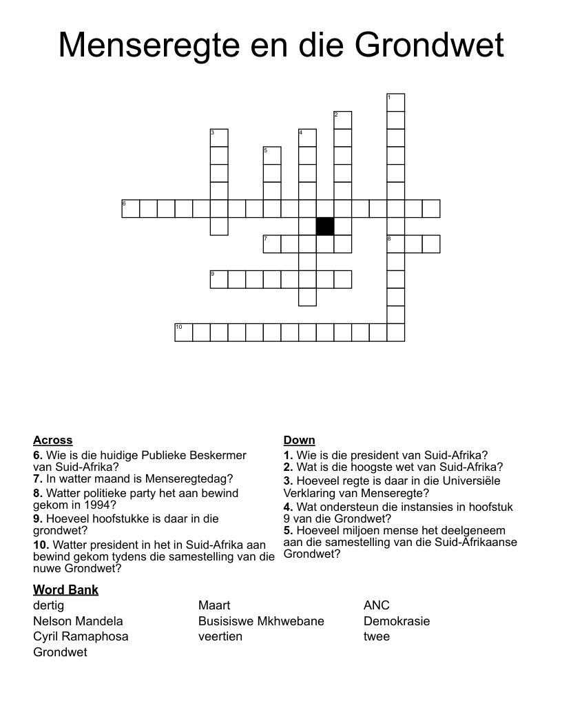 Menseregte en die Grondwet Crossword