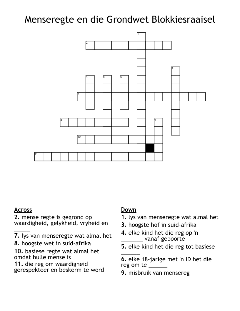 Menseregte en die Grondwet Blokkiesraaisel Crossword