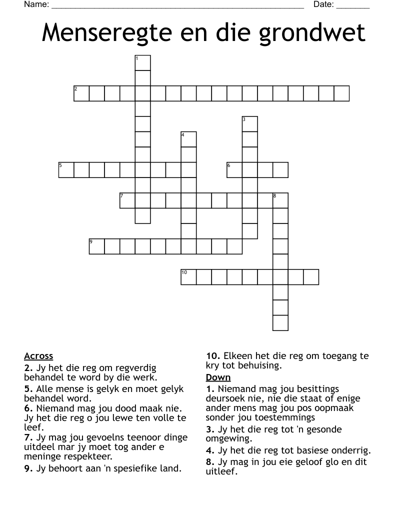 Menseregte en die grondwet Crossword