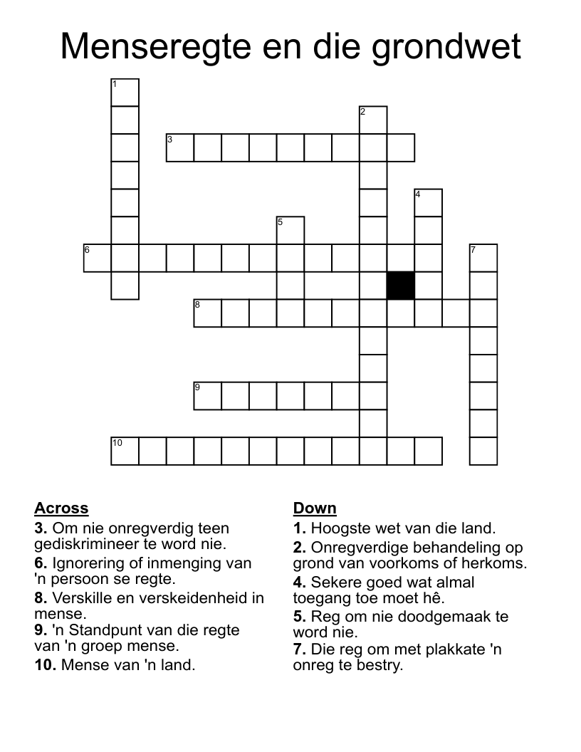 Menseregte en die grondwet Crossword