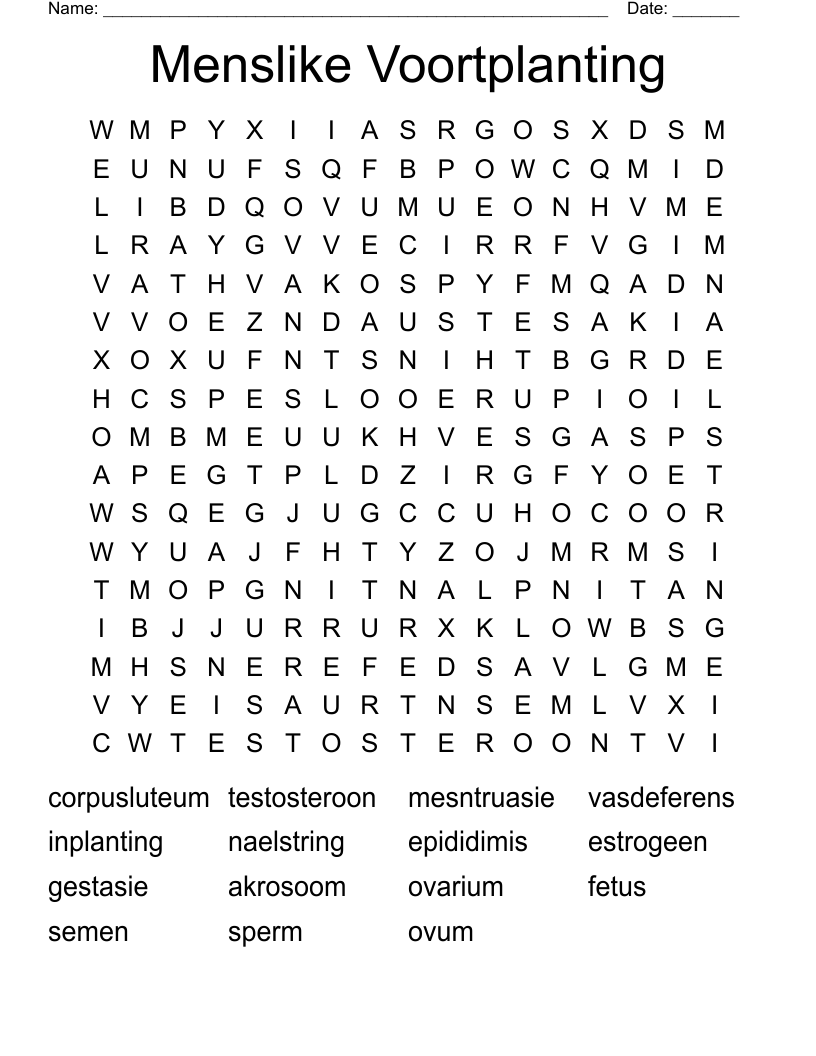 Menslike Voortplanting Word Search