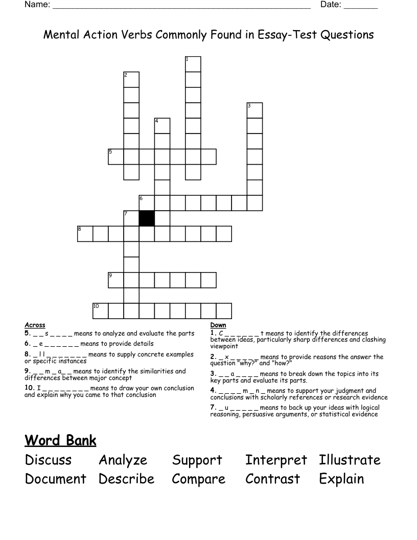 Mental Action Verbs Commonly Found in Essay-Test Questions Crossword