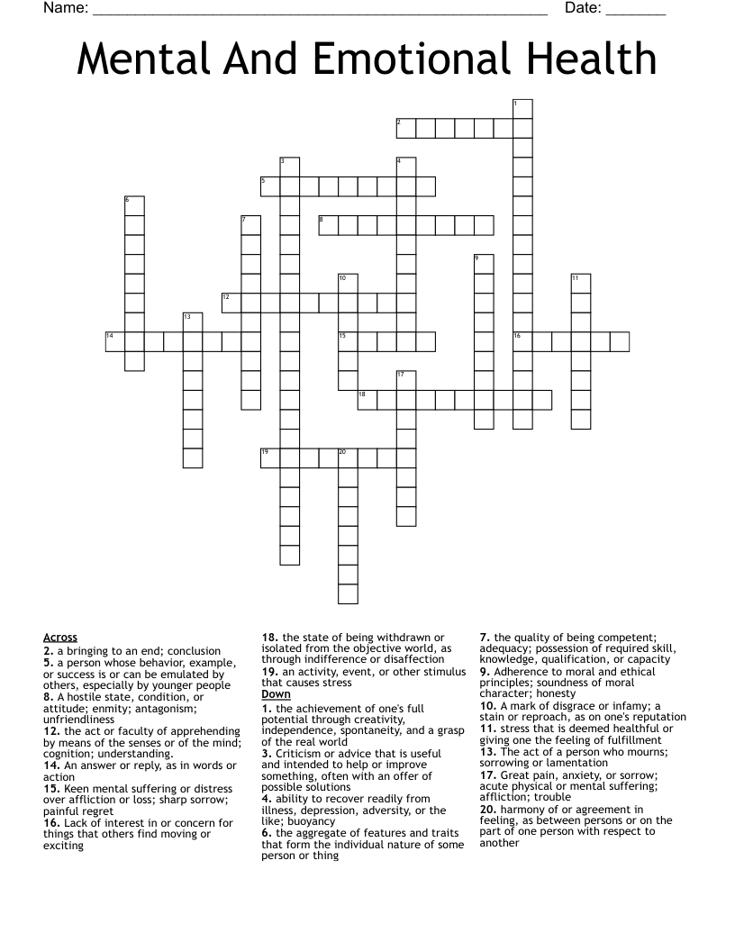 Mental And Emotional Health Crossword