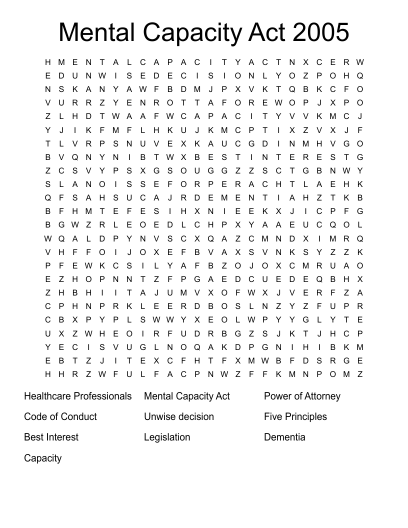 Mental Capacity Act 2005 Word Search