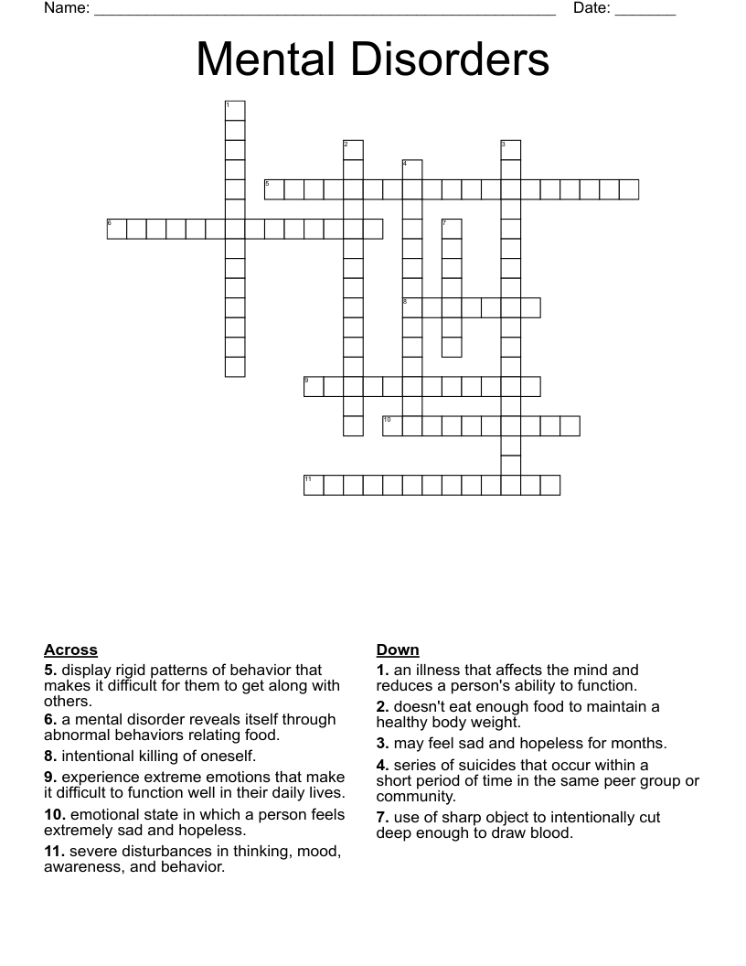 Mental Disorders Crossword