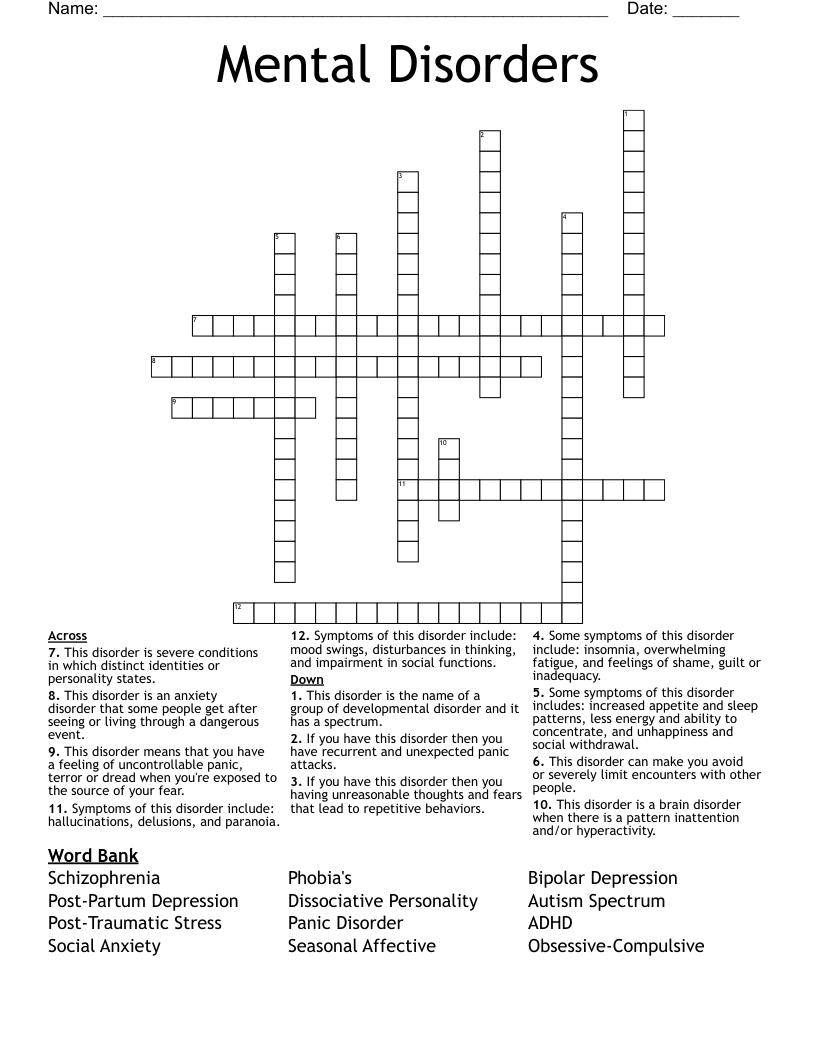 Mental Disorders Crossword