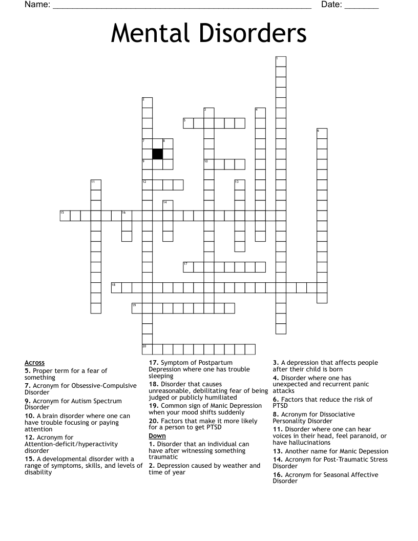 Mental Disorders Crossword