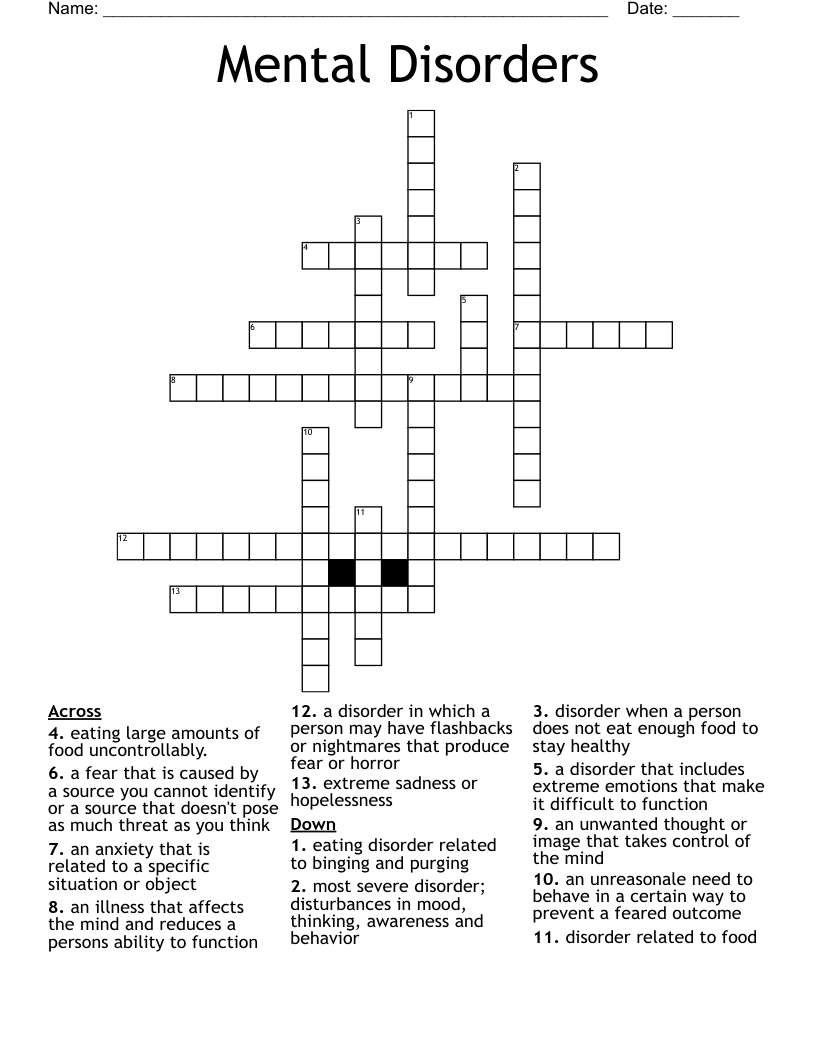 Mental Disorders Crossword
