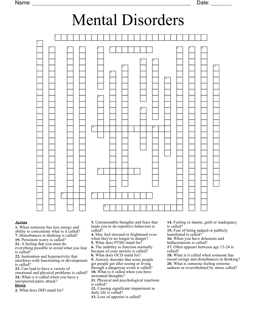 Mental Disorders  Crossword