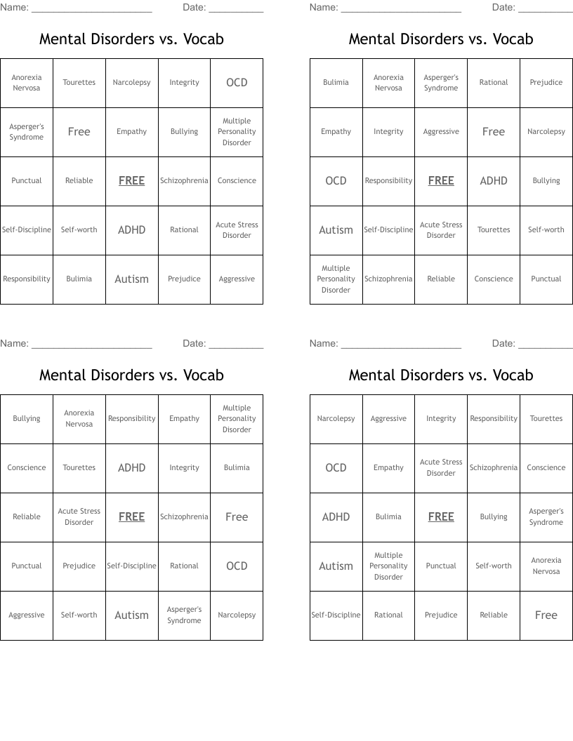 Mental Disorders vs. Vocab Bingo Cards