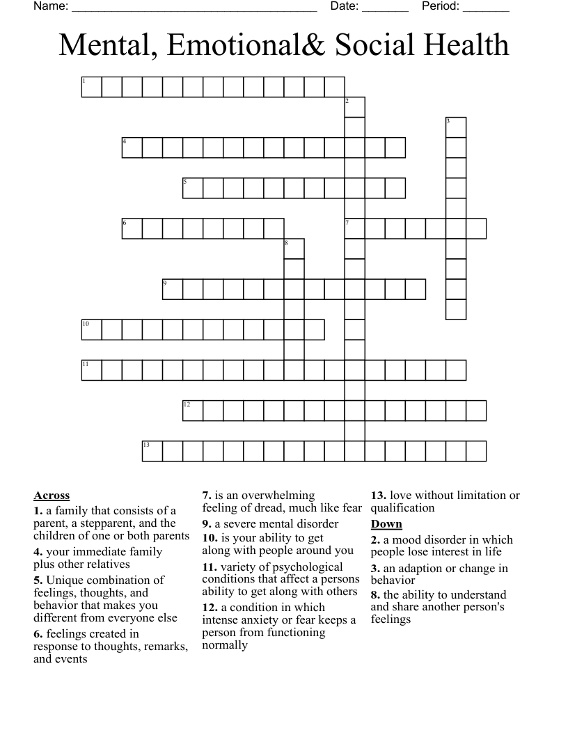 Mental, Emotional& Social Health Crossword