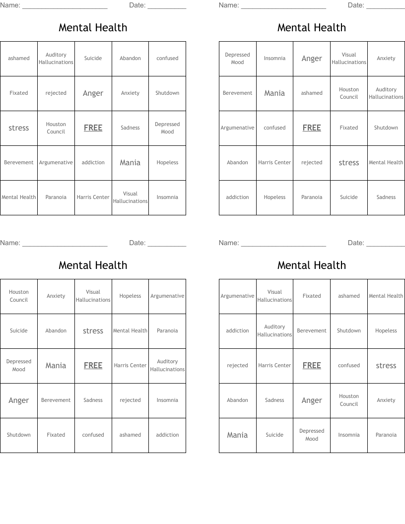 Mental Health Bingo Cards