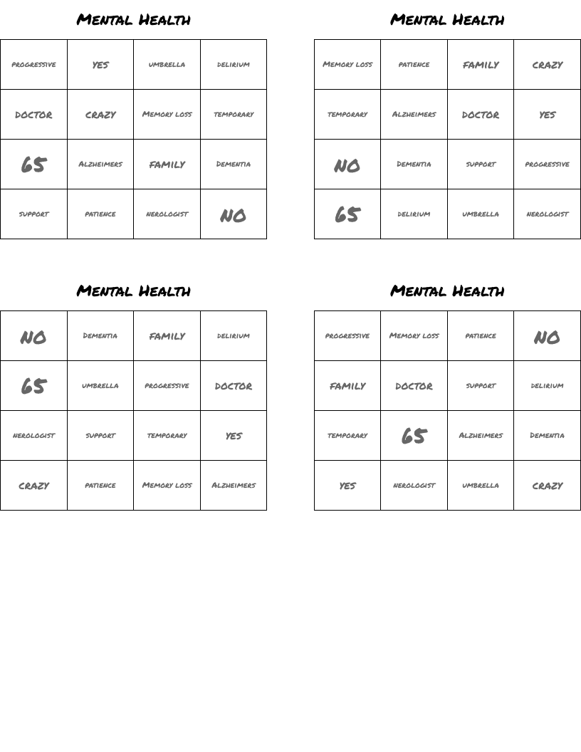 Mental Health Bingo Cards