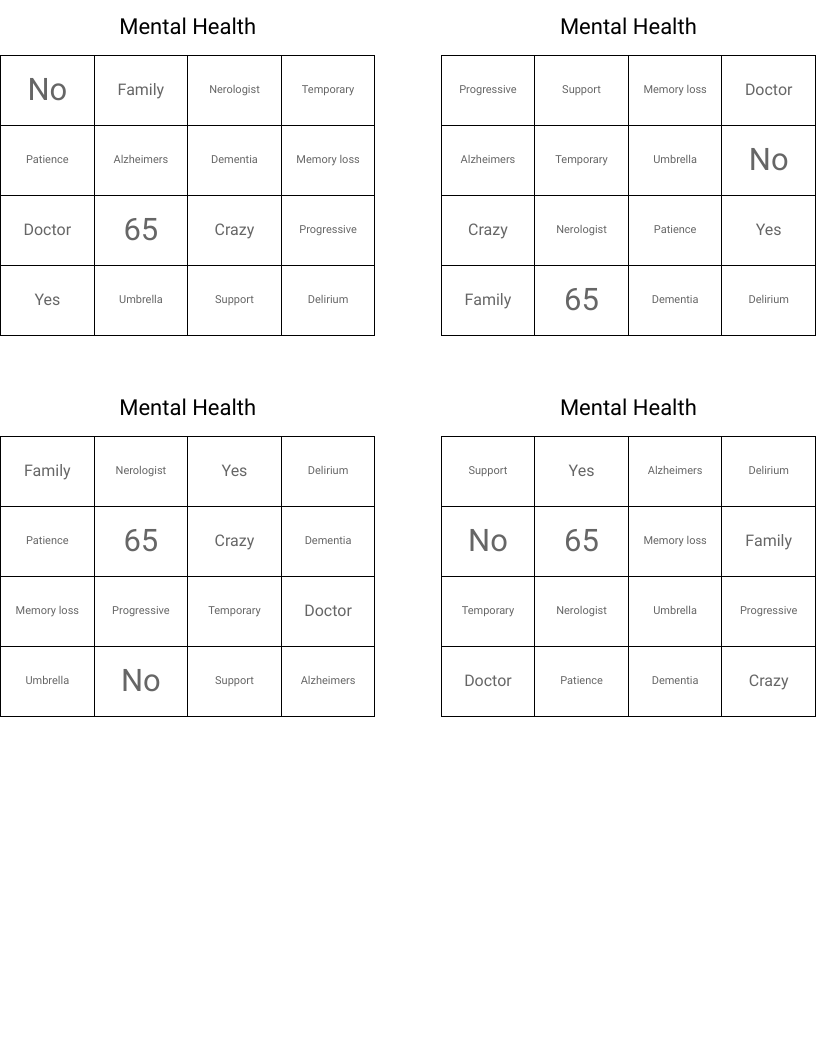 Mental Health Bingo Cards