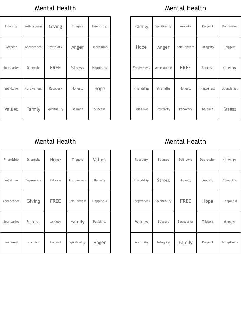 Mental Health Bingo Cards