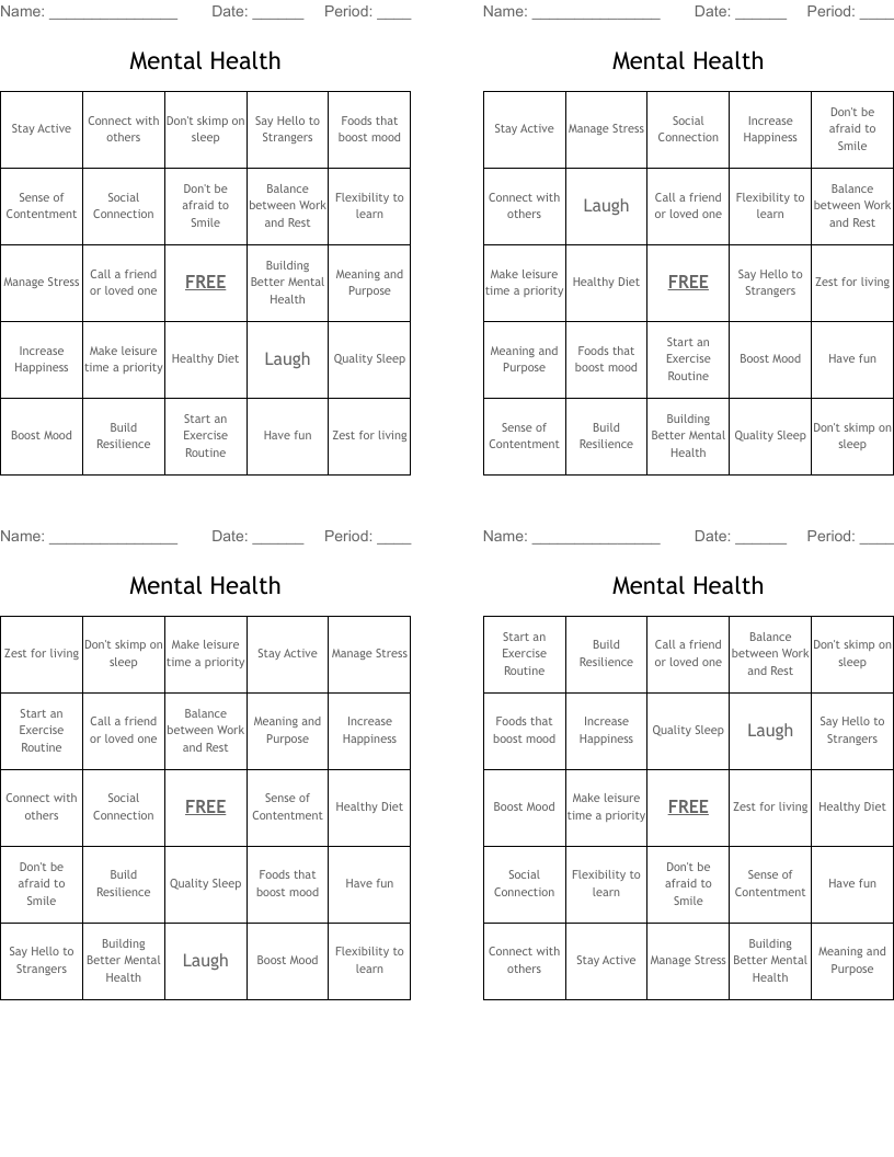 Mental Health Bingo Cards