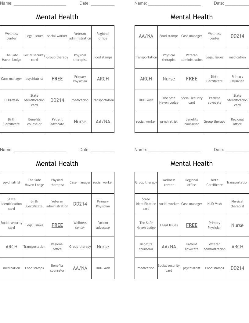 Mental Health Bingo Cards