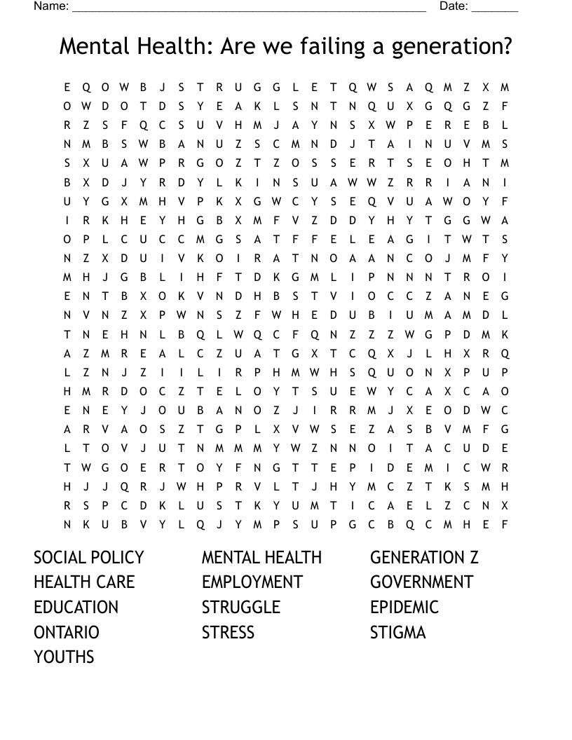 Mental Health: Are we failing a generation? Word Search