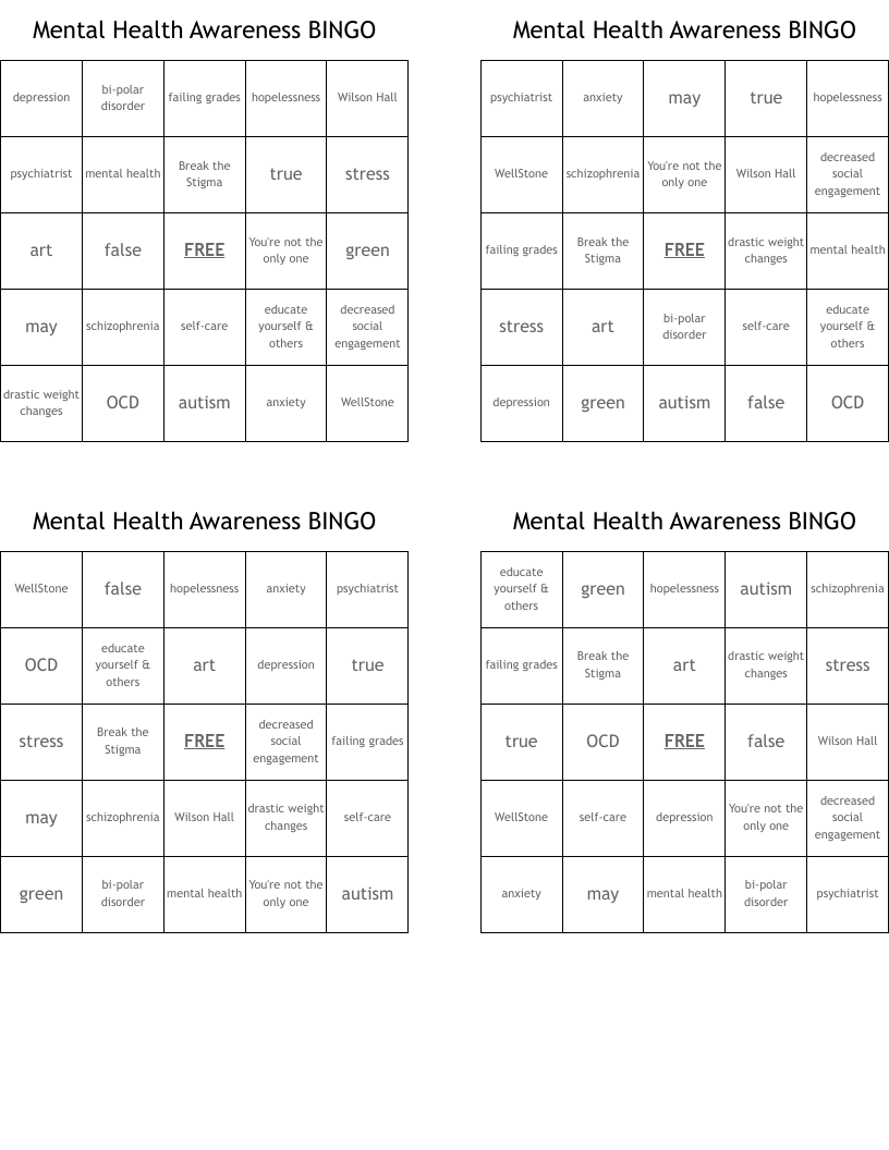 Mental Health Awareness BINGO