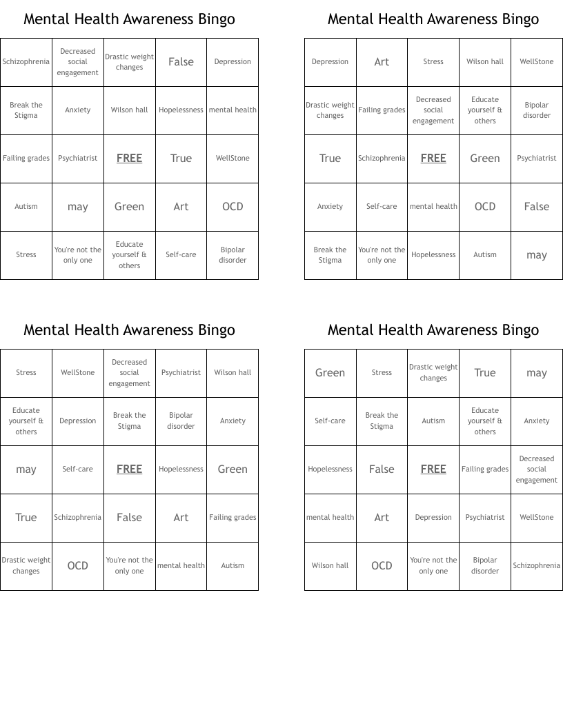 Mental Health Awareness Bingo