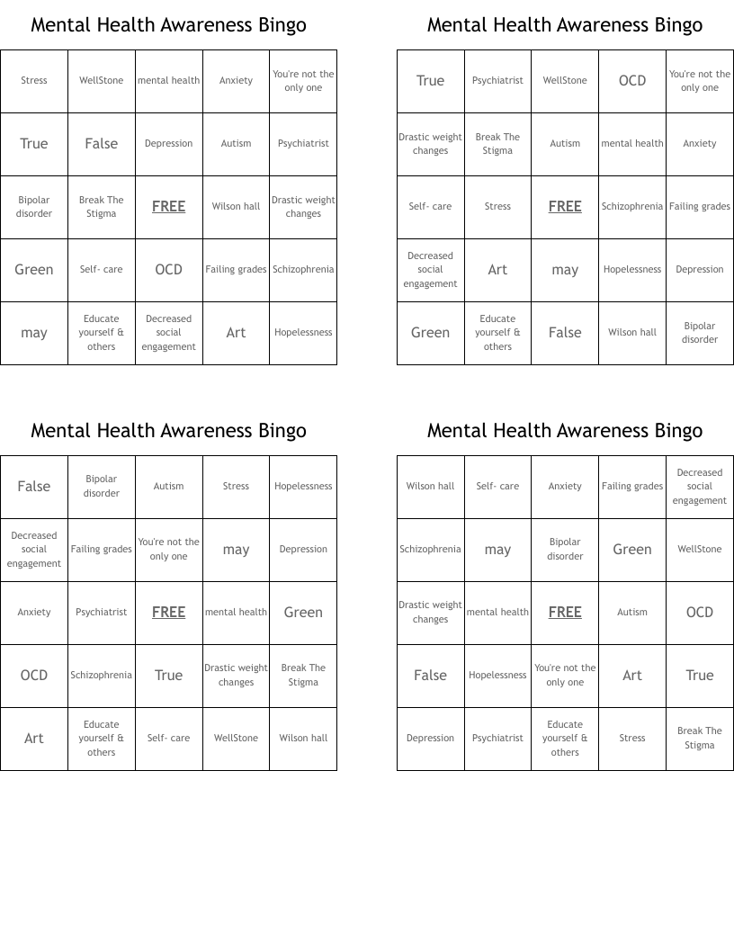 Mental Health Awareness Bingo 