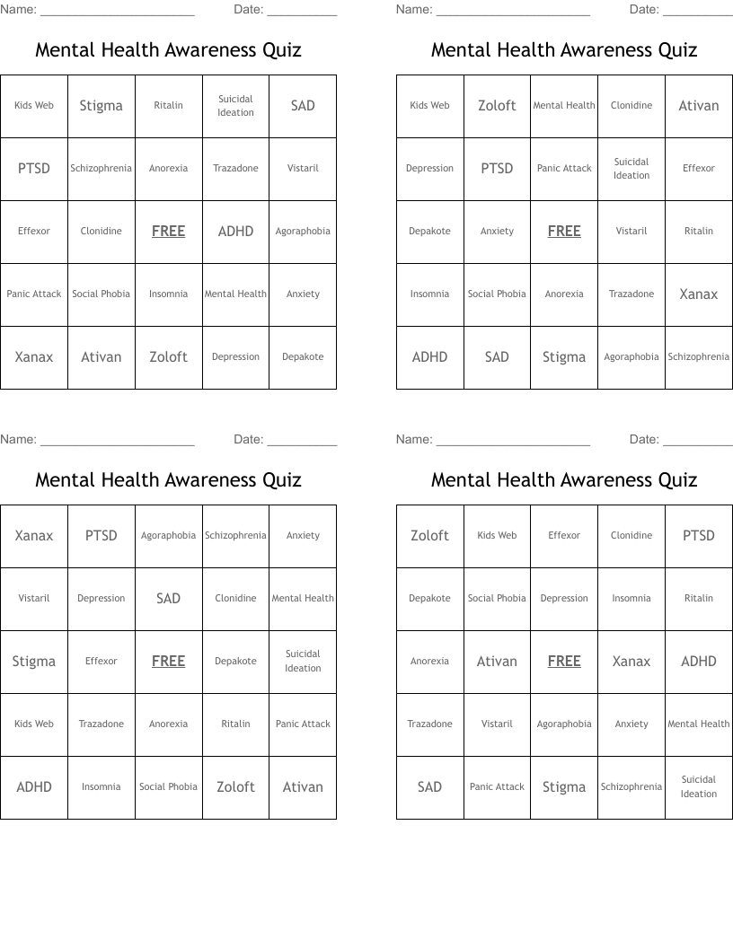 Mental Health Awareness Quiz Bingo Cards