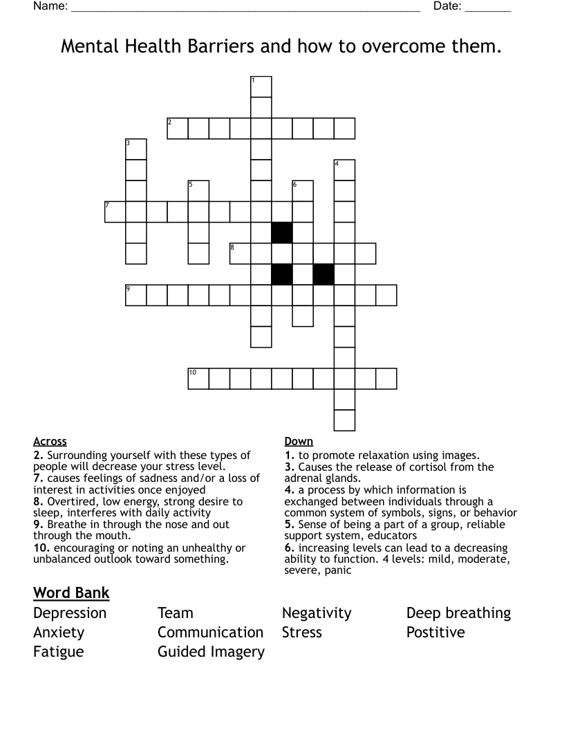 Mental Health Barriers and how to overcome them.  Crossword
