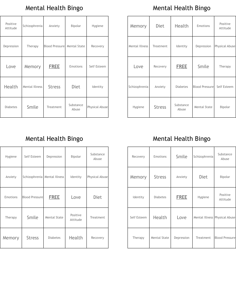 Mental Health Bingo