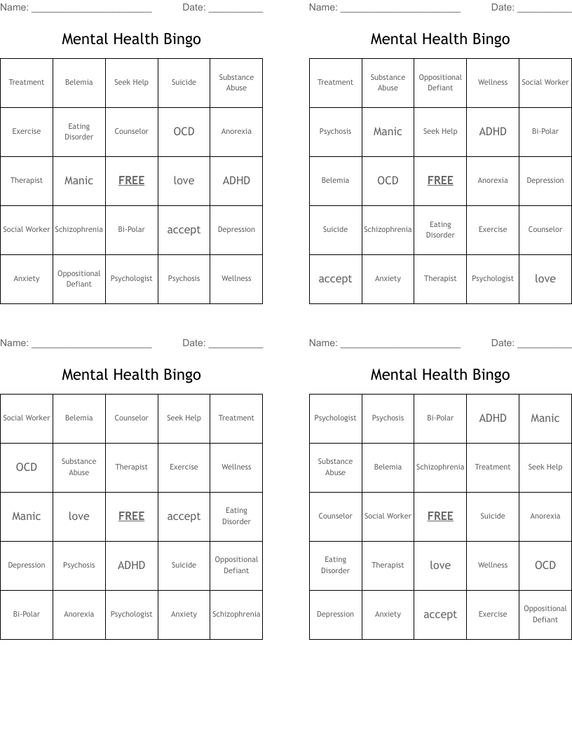 Mental Health Bingo