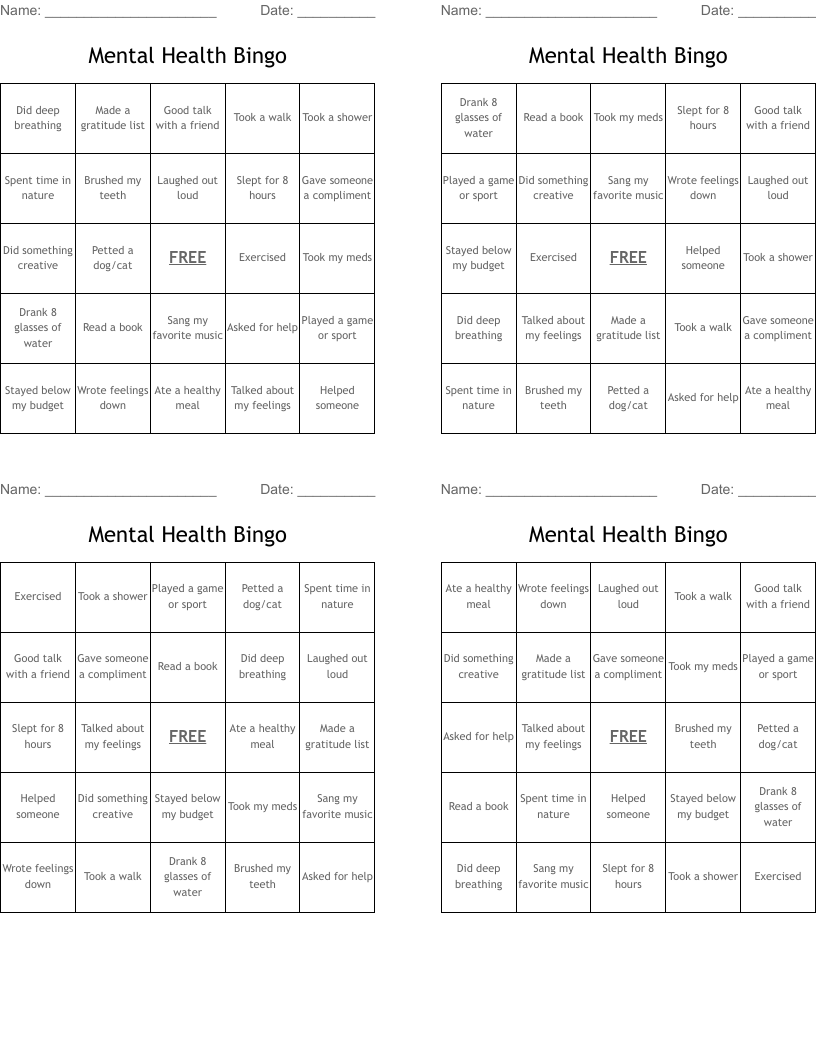 Mental Health Bingo