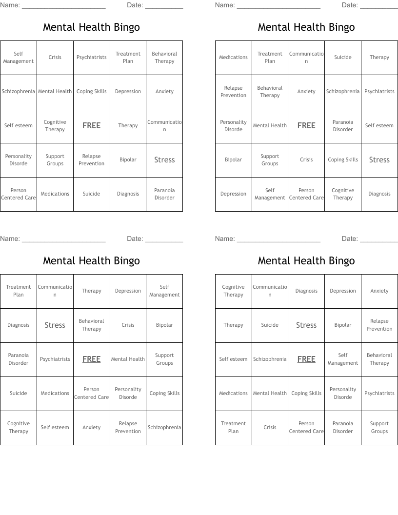 Mental Health Bingo