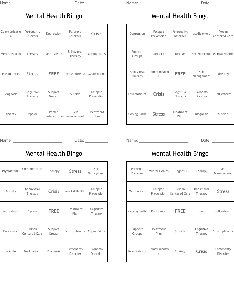 Mental Health Bingo